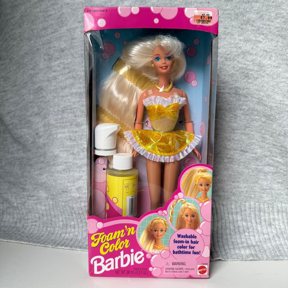 NEW Vintage 1995 Mattel Foam n Color Barbie Doll 15098 Yellow Hair Color NIB - Picture 1 of 9